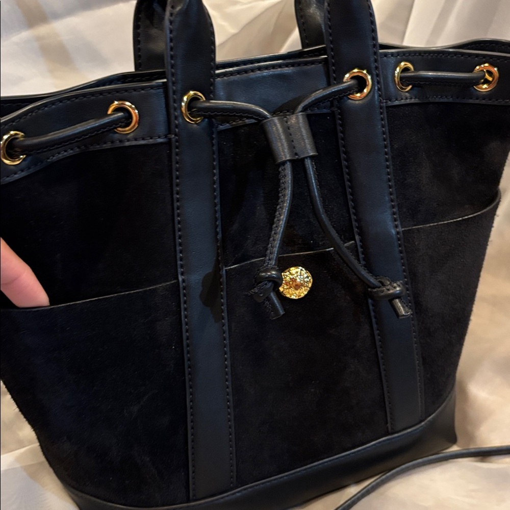 Veronica Beard Goody Suede & Leather 2 Way Bucket Satchel Crossbody Black Bag - Picture 7 of 16